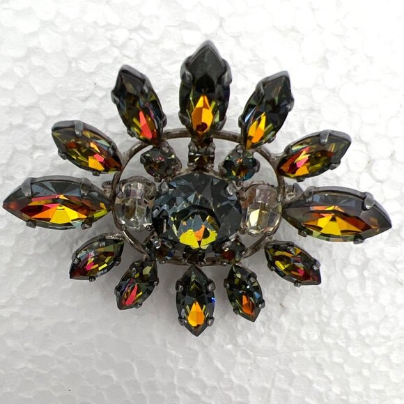 Vintage Givre Rhinestone Brooch Pin Faceted Smokey Sunburst Multicolor Silver To - Picture 7 of 10